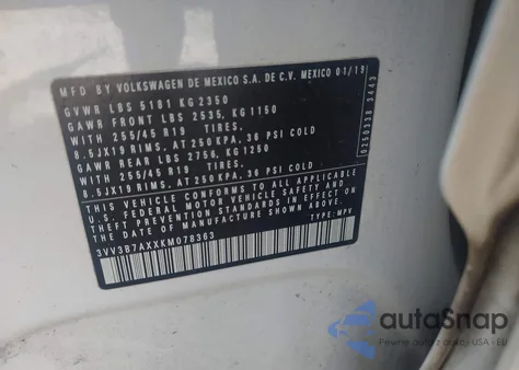 2019 Volkswagen Tiguan 2.0T Se/2.0T Sel/2.0T Sel R-Line/2.0T Sel R-Line Black z USA, uszkodzony, nr VIN 3VV3B7AXXKM078363